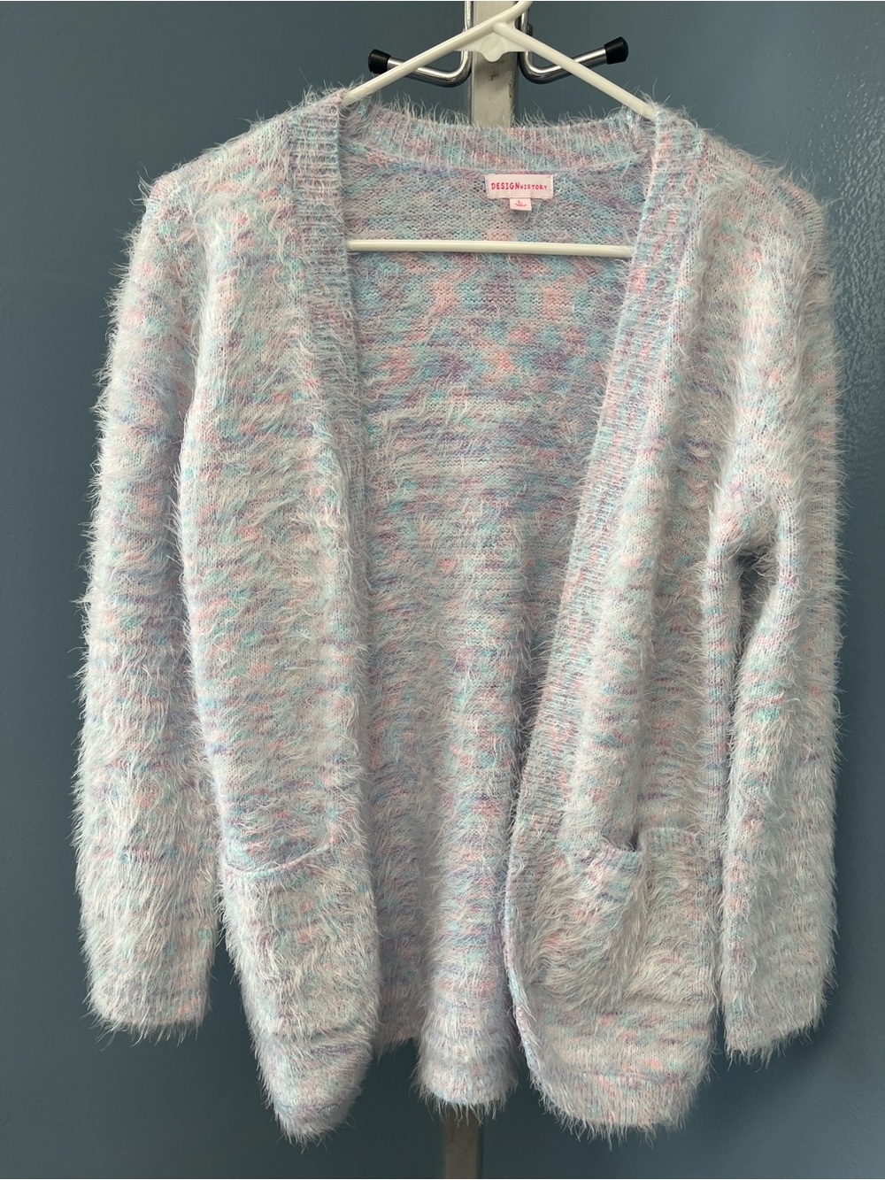 Design History Fuzzy Pastel Open Cardigan in Pink, Blue, Cream